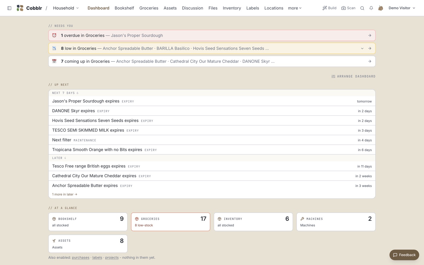 A Cobblr dashboard for a household: one grocery overdue, eight running low, seven expiring this week, and counts for the bookshelf, groceries, inventory, machines and assets.