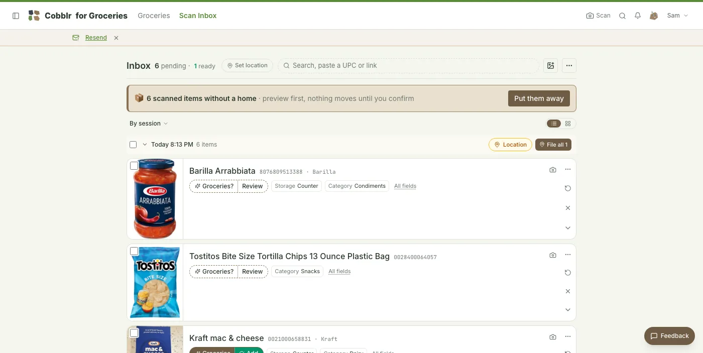 The scan inbox in Cobblr for Groceries: a shopping trip's items, each identified with its name and product photo, ready to file into the pantry.