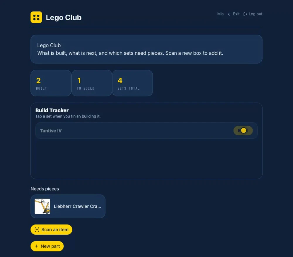 The Lego Club member app in Cobblr: a dark themed screen with built and to-build counts, a Build Tracker toggle, a needs-pieces list, and Scan an item and New part buttons.