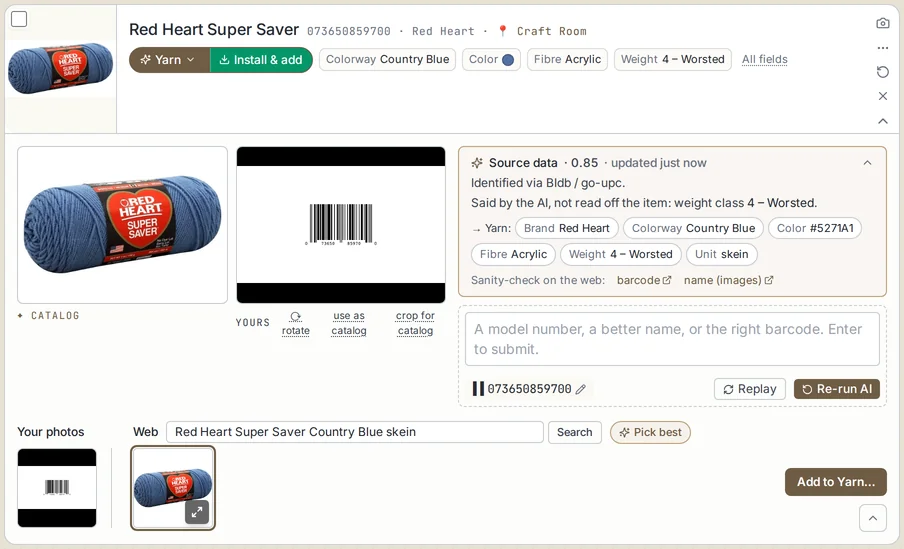 Cobblr's scan inbox: a scanned ball of Red Heart Super Saver yarn identified with its brand, colorway, color, fiber, and weight already filled in, beside the product photo and the source it came from.
