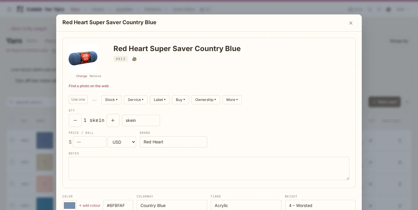 A ball of Red Heart Super Saver in Country Blue opened in Cobblr for Yarn: its photo, its count, its brand and price, and its actions.